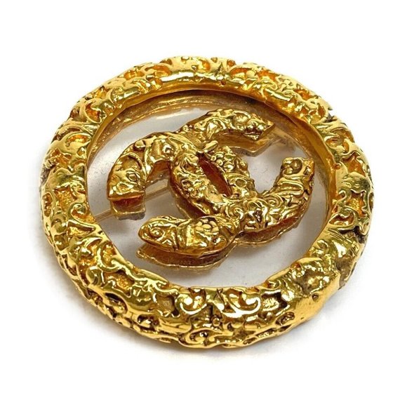 CHANEL CC Mark clear lava Circle type Round type 93A Brooch Metal Gold - Picture 1 of 12